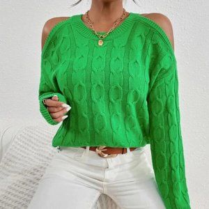 Cable Knit Cold Shoulder Pullover Long sleeved Sweater GREEN